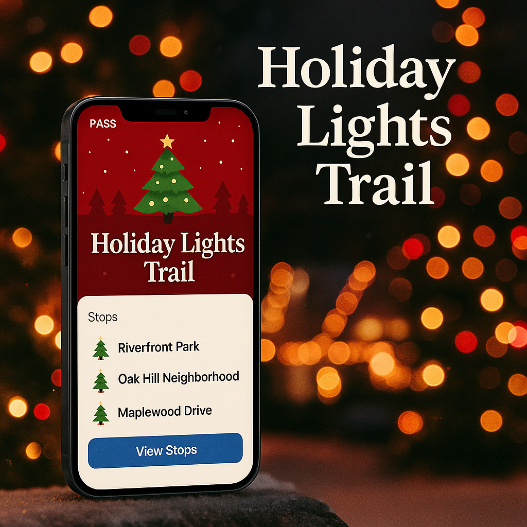 Example of a Holiday Lights Trail pass shown on a phone with Christmas lights and winter decorations