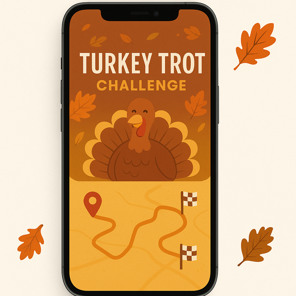 Example of a Turkey Trot Challenge pass shown on a phone with autumn leaves and Thanksgiving decorations